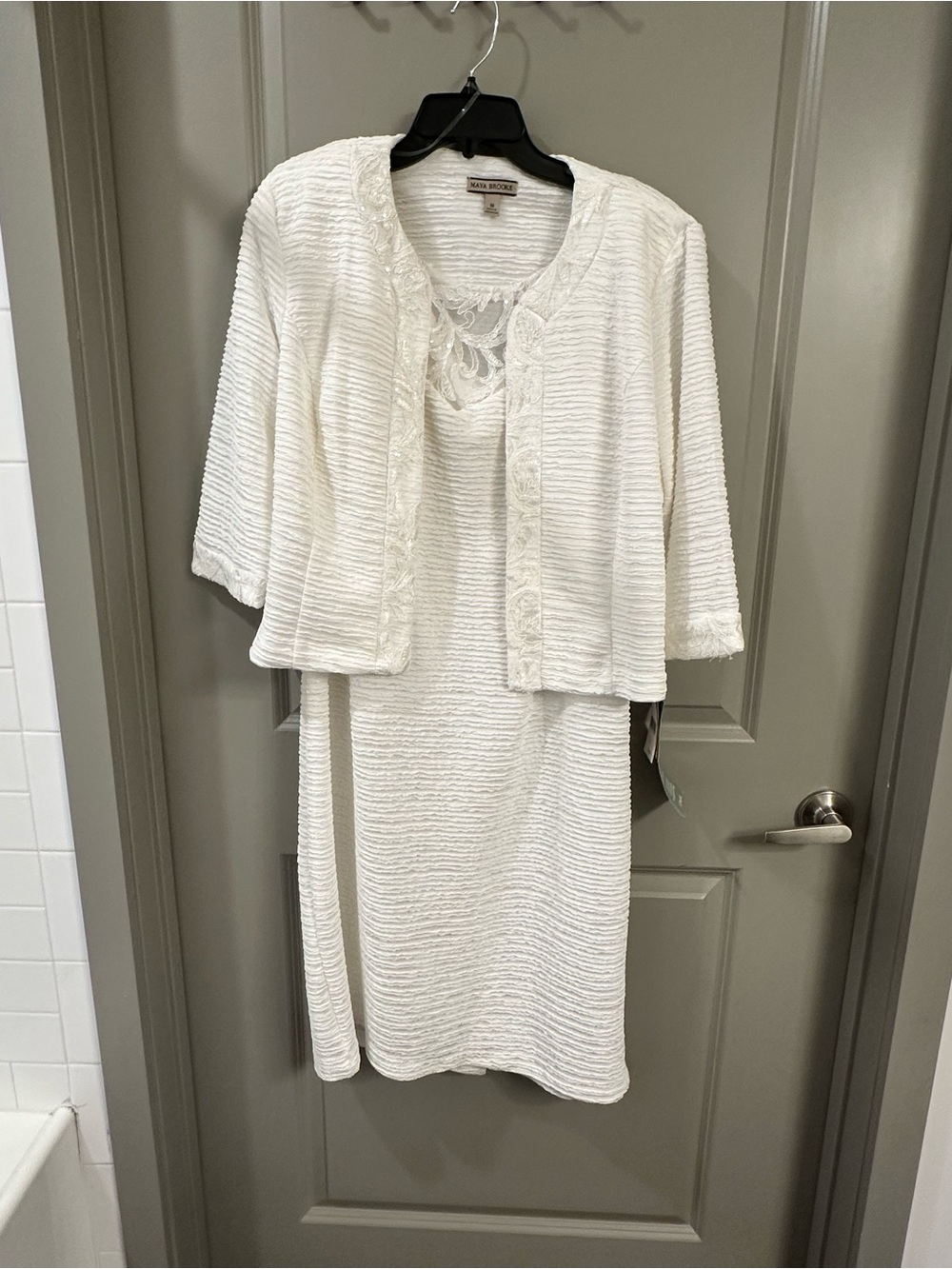 Anne Klein Ivory-White Textured Midi Dress and Jacket Set with Cropped Jacket